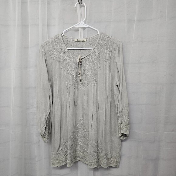 Solitaire Gray Embroidered Peasant Blouse Boho Hippie M - Picture 10 of 13